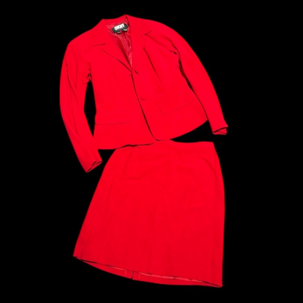 DKNY vintage 90s luxury, fire engine red blazer and skirt